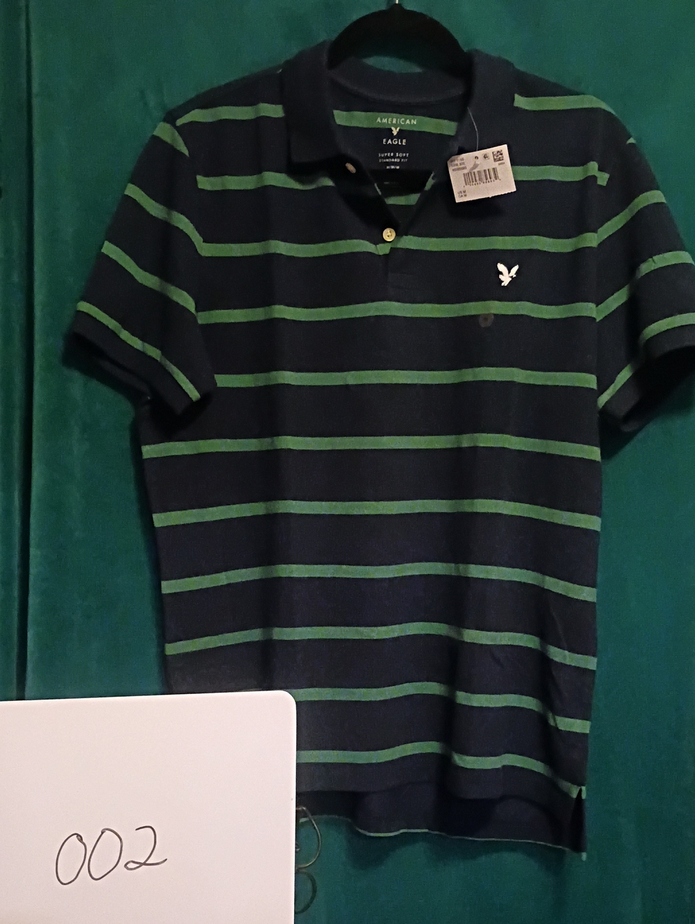 American Eagle Outfitters Men’s Navy and Green Striped Polo